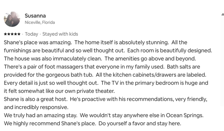 2nd Review of the NERV Haven, a Short Term Rental in Ocean Springs