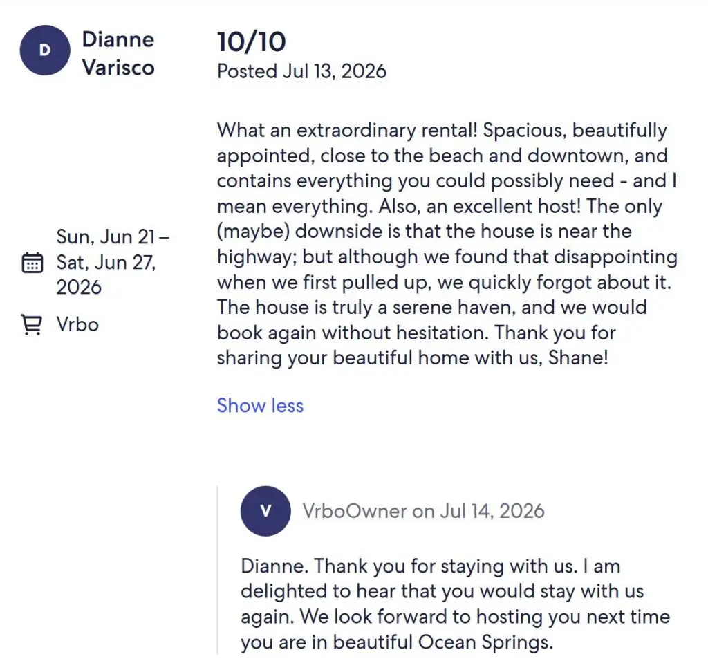 VRBO review from Dianne. 10 out of 10