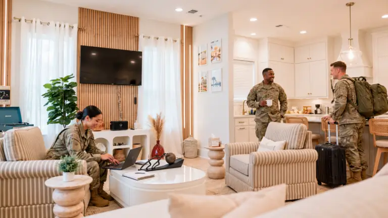 Military travelers relaxing in the living room at The NERV Haven during a Keesler AFB TDY stay