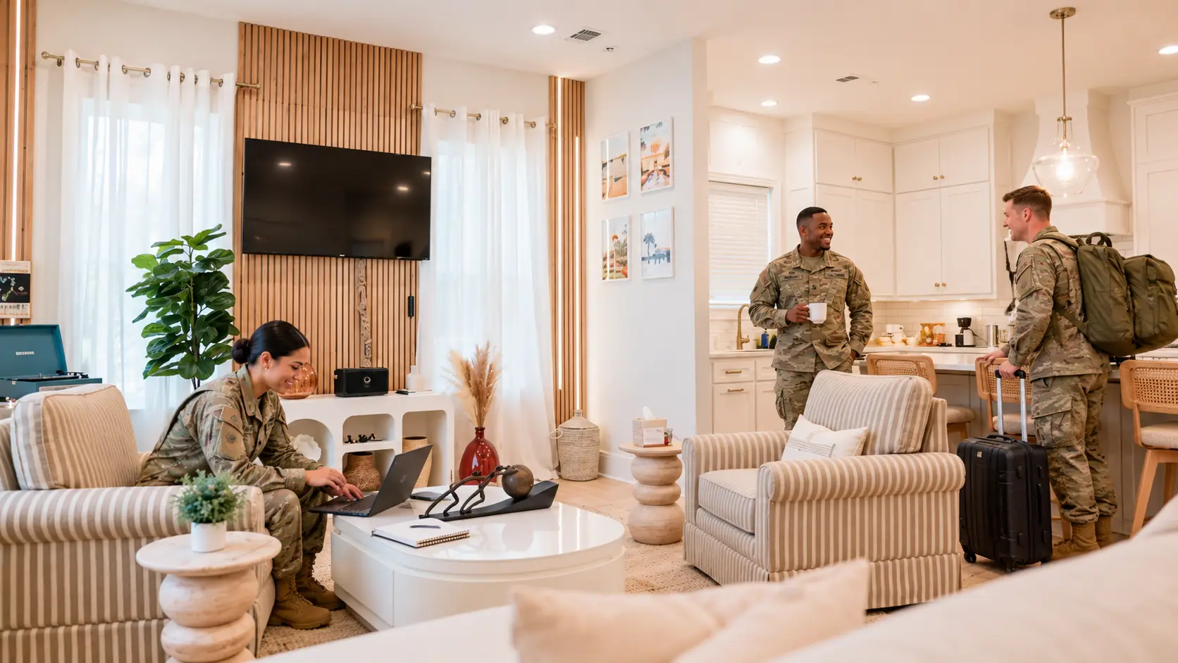 Military travelers relaxing in the living room at The NERV Haven during a Keesler AFB TDY stay